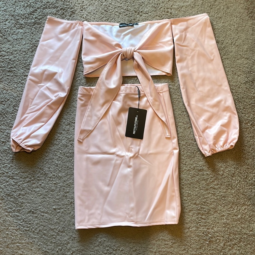 NWT Pretty Little Thing Faux Leather Pink 2 piece Skirt Set